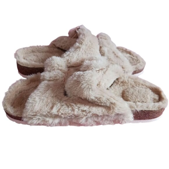 Fitory Faux Fur Open-Toe Slide Slippers W/ Adjustable Straps & Cork Sole Camel 6 - Picture 5 of 8